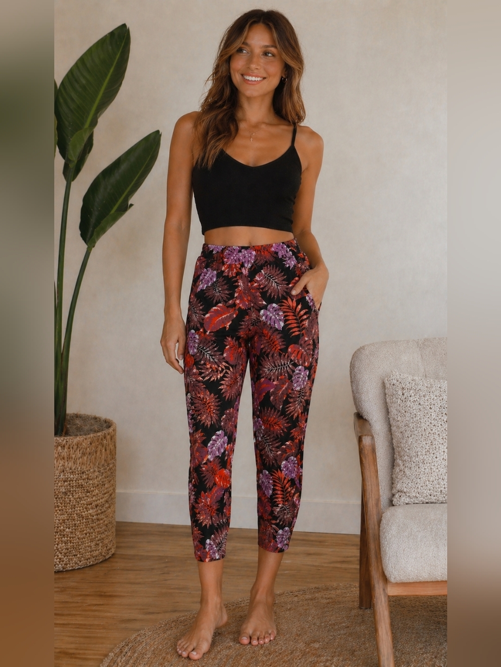 Melanie Lyne Tropical Leaf Print Straight Leg 3/4 Length Pull-On Pants
